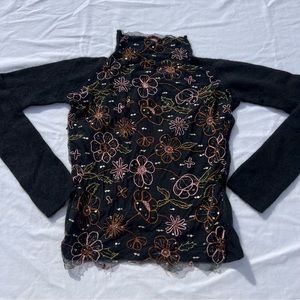 Floral Embroidered and Beaded Turtleneck